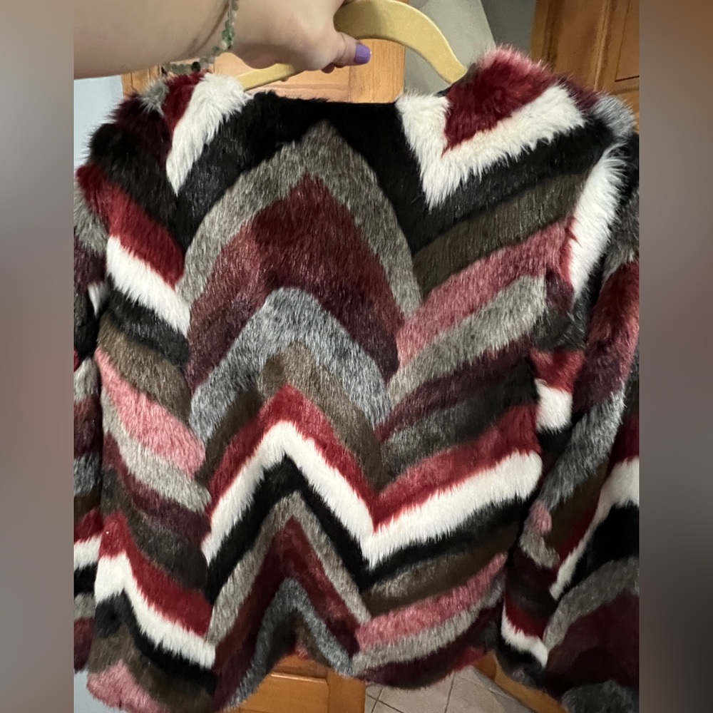 Faux fur red, white and black chevron coat